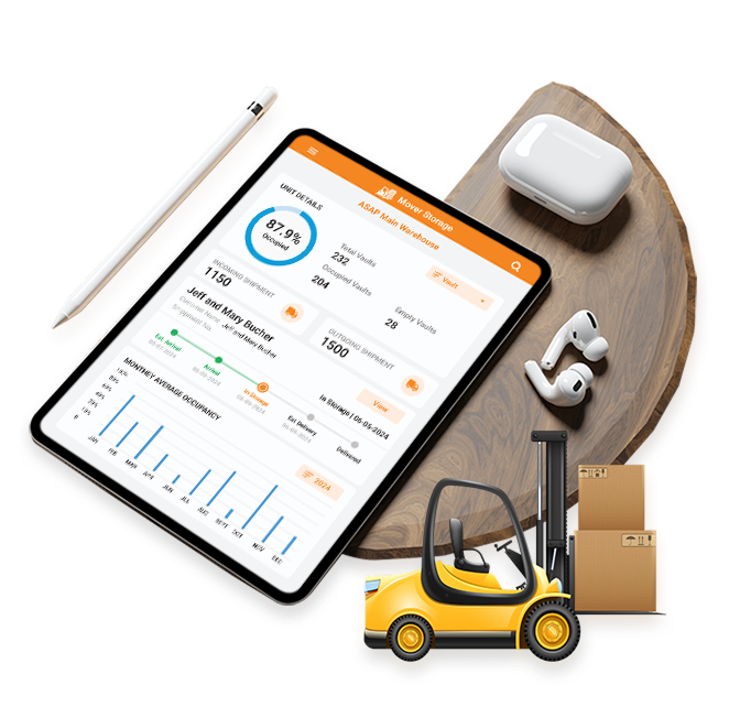 Movegistics warehouse banner with tablet, forklift, boxes—showing QR tracking, smart storage, and billing dashboard.